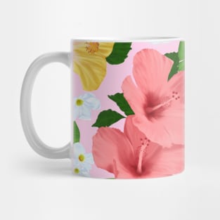 Tropical Hibiscus and Palm Fronds in Pink Mug